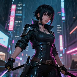 beautiful female with katana, short black hair, cyberpunk 2077, city background, rainy night, neon glow concept art, sharp focus, intricate, digital painting, artstation, official media, anime key visual, highly detailed, rich vivid colors ambient lighting, illustration, art by Artgerm, Makoto Shinkai, Ilya Kuvshinov, Lois Van Baarle and Rossdraws