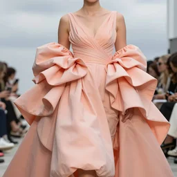 pinterest haute couture, fold layered flutter, heavy fabric full piece, volume aesthetic, curvy model, peach analogous in light tone scheme, sigma 8 5 mm f / 8, high detail, runway photography, professionally retouched, cloudy mood lighting