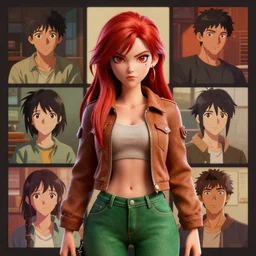 portrait of an attractive tomboy woman with long crimson red hair and red eyes wearing a brown open jacket and green jeans with a stern look, album art, boards of canada, retro, by ross draws, by tomine, by satoshi kon, by rolf armstrong, by peter andrew jones, beksinski, 3 d model, 3 d render, 3 d anime