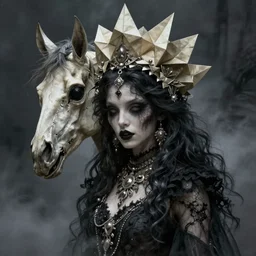 mysterious grotesque very creepy morbid goddess horse skull queen with a weird origami crown, part human part animal, hints of silver jewelry and black lace, gothic, eerie, very creepy, intricate detail, dramatic lighting, mist, grey, expressive, by jeremy mann