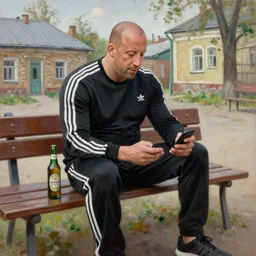vin diesel in black adidas sport costume, as gopnik character, sitting on a bench with a bottle of russian beer and a smartphone, in the courtyard of a provincial russian town, intricate, oil on canvas, naturalism
