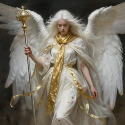 an angel with long light white hair and a gold scarf, windy, cape, ribbons, stars, melancholic, modern maximalist fashion dress, is ( ( holding a staff ) ). light dust, magnificent, hyperdetailed, theatrical, painted by jean honore fragonard and greg rutkowski