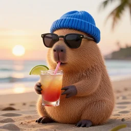 a photorealistic photograph of a knitted cute Capybara dressed in sunglasses and a blue beanie cap. The subject is sipping out of a refreshing Mai Tai drink at the beach during sunset. The image is Trending on Artstation, featured on Behance, well-rendered, extra crisp image, intricate detail, Unreal Engine, 4K HD