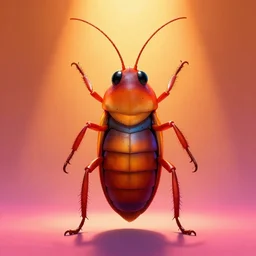 colorful full body shot of an anthropomorphic cockroach with abdomen segmented into ten parts, with long thin antennae, trending on artstation, trending on deviantart ,cinematic backlighting, 8k, symmetrical, correct proportions, hyper detail illustration by tim schafer, by peter chan, vibrant colors, by pixar, orange lights, pink shadows