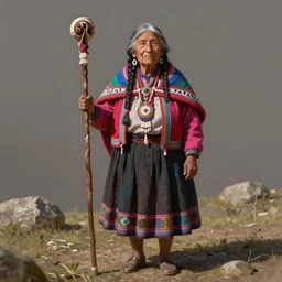 an concept art illustration, an old lady bolivian shaman with staff standing, ultra realistic, style by wlop, trending in artstation, cgsociety, octane render, ultra sharp, concept illustration, digital painting, 8 k