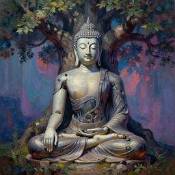 biomechanical buddha meditating under a tree, cyberpunk, psychedelic volumetric shadows and lighting, realistic oil painting by alex grey and gustave dore,