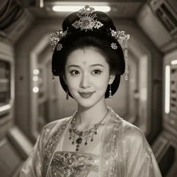 closeup photo of beautiful Chinese ancient princess standing in the corridor in the space ship, attractive symmetrical face, big eyes and lips, clean face and body skin,ecstatic face expression, ornamental jewelry and ancient translucent clothes, futuristic space ship interrior, wires with lights,depth of field, lens flare, moody lighting, moody photography, old photo, black and white, sepia, cinematic lighting, cinematic angle, editorial photography
