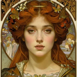realistic detailed face portrait of a beautiful young medieval Queen of Mulberry Trees by Alphonse Mucha, Ayami Kojima, Amano, Greg Hildebrandt, and Mark Brooks, Art Nouveau, Neo-Gothic, gothic
