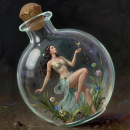 a beautiful genie in a bottle escaping from the bottle, by wlop, fine art, wide angle, 4 k