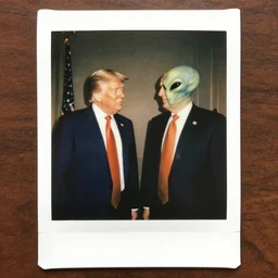 polaroid photograph of donald trump meeting aliens