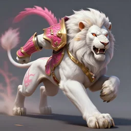 concept art of a white anthropomorphic lion with dragon armor pink and gold, launching an attack!!, running to the camera!!, style like ajani goldmane, like a heroes of the storm by artgerm and greg rutkowski and magali villeneuve