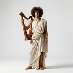 afro-haired apollo with lyre, studio photography, full body, standing, isolated on a pure white background, centered, whole figure in frame, sharp focus, studio lighting