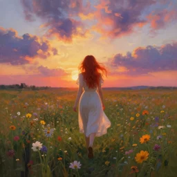 red haired girl walking in a flower field, surreal photography, sunrise, dramatic light, impressionist painting, colorful clouds, digital painting, artstation, simon stalenhag