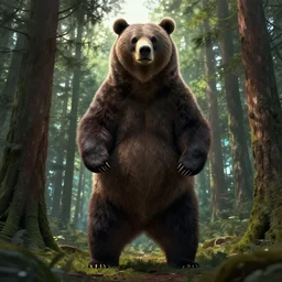 scary bear standing on 2 legs, huge bear, taller than the trees, forest, colossal bear, digital art