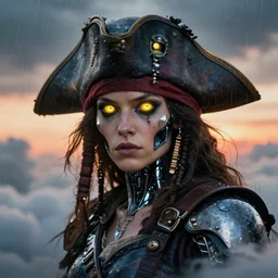 dynamic! closeup biblical diabolical pirate! cyborg girl! stylish armor, heavy eyes to the side, closeup, bright glowing eyes, in clouds, rain, sunset, portrait, by gerald brom, by mikhail vrubel, by peter elson, muted colors, extreme detail, mirrors, trending on artstation, 8 k