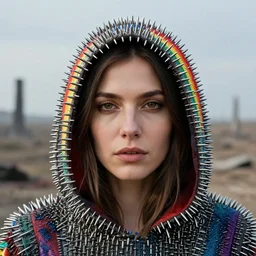 closeup portrait of a woman with a hood made of nails and rainbows, standing in a desolate apocalyptic landscape, by Annie Leibovitz and Steve McCurry, natural light, detailed face, CANON Eos C300, ƒ1.8, 35mm, 8K, medium-format print