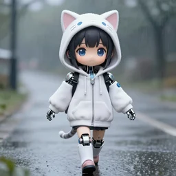 a cute anime cyborg - girl wearing a cat hoodie walking in the rain