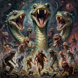 a crazy extraterrestrial hyper - detailed high painting of giant heads joined by snakes, the heads are open they have spiked scales and sharp teeth, the mouth is open and monstrous beings of all kinds run and scream, psychedelic horror surreal art cosmic horror weird bizarre art