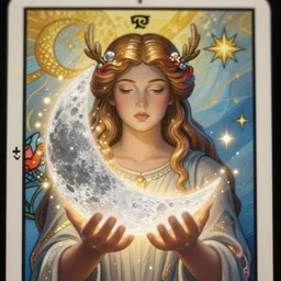 [ artemis holding the moon in her hands ]!!, closeup!!, macro!!, filling it with magical energy, digital art, tarot card, portrait!!, trending on polycount, cgsociety contest winner, digital art, 4 k, detailed, intricate, illustrated by artgerm, greg rutkowski, gaston bussiere, magali villeneuve