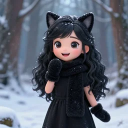 photorealistic of a very cute joyful 3d anime girl, wearing fluffy black scarf, long dress, mittens, black long curly hair, watery eyes, cat ears, in the magical forest, snowing, medium shot, mid-shot, highly detailed, trending on Artstation, Unreal Engine 4k