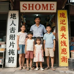 home photography portrait, A shopkeeper guy of the SHOME and his family , floor, signboards , poster ; summer, Color VHS picture quality with mixed noise