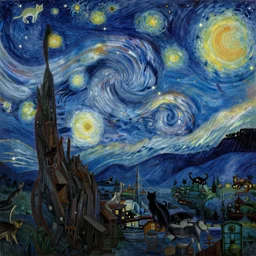 Vrubel drawing of night sky full of cats and stars, dreamy