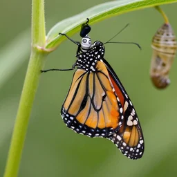 monarch butterfly as a robot, emerging from a cocoon attached to milkweed, greg rutkowski, edward robert hughes