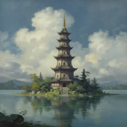 a painting of a tower in the middle of a lake, a detailed matte painting by tyler edlin, pixiv contest winner, fantasy art, concept art, matte painting, artstation hq