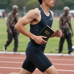 photograph of an athletic man holding a bible while running. Bible is in their hands. Zombies in the background. Track and field event. DSLR Photography