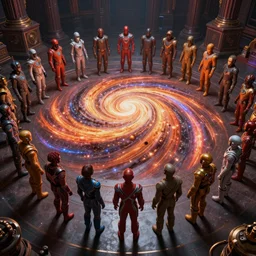 love, diverse black hole cybersuits, from behind, connection rituals, wide wide angle, vivid, elaborate, highly detailed, beautiful lighting