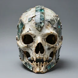 symmetrical product photograph of a highly detailed ominous helmet made from fragmented bone and obsidian, damaged