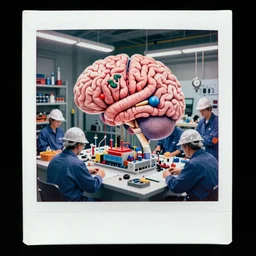 color polaroid photo of many engineers working inside a workshop where brains!!!!!!!!!!!!!!!!!!!!!!!! are manufactured, cerebral interior by moebius in the style of jean giraud