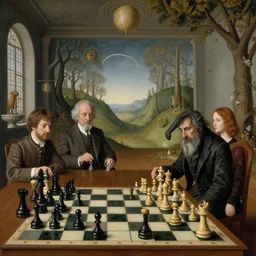 chess and ontology with professor horus. a surrealist interior mental landscape by hieronymus bosch, cyril rolando, esher and natalie shau, whimsical, profound, impossible. trending on devaintart w 7 0 4