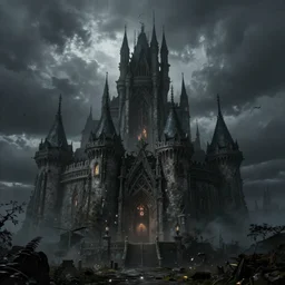 a fantasy castle enshrouded by everlasting darkness, atmospheric, wide shot, high definition, high detail, foreboding, artstation