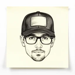self portrait of man in black trucker hat and glasses, ink on post it note