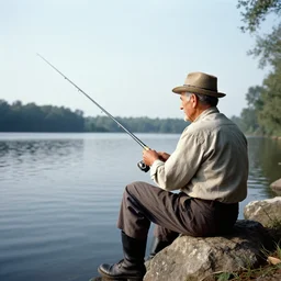 A vintage photo of an old man fishing in a lake.