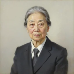 portrait of an elderly Japanese woman dressed on a suit and tie, her gray hair in a tight bun, a serious expression on her face, oil on canvas, elegant pose, masterpiece, Jonathan Yeo painting