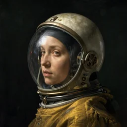 a woman's face in profile, wearing a glass space helmet and a cowl, in the style of the dutch masters and gregory crewdson, dark and moody