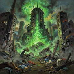 centred painting of a destroyed toxic city wasteland, green plutonium gas, dead bodies, octane rendering, trending on artstation, studio ghibli, michael whealan and james gurney