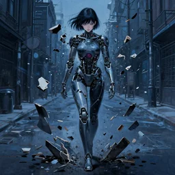 cyborg - girl breaking into pieces as it walks down a street, highly detailed, painting, dark blue and black color palette, intricate, high quality anime artstyle, in the style of ilya kuvshinov