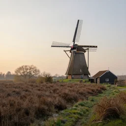 serene dutch rural countryside ( ( farmhouse ) ), windmill, polder, heathlands, forest, and well and stable early morning sunrise in spring, low angle, oil painting, intricate, deep colour masterpiece, atmospheric lighting, ultra detailed by rembrandt van rijn, aert de gelder, esaias van de velde.