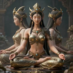 kali goddess magicpunk warrior meditating in a beautiful place, perfect faces, fine details, studio lighting, subtle shadows, art by katsuya terada, photorealism, hyper realism, octane render, hyper detailed, canon eos r 3, f / 1. 4, iso 2 0 0, 1 / 1 6 0 s, medium shot, 8 k, raw, unedited, in - frame,