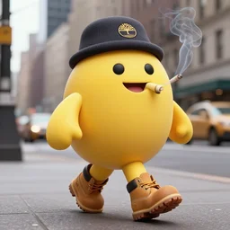 the stay puff marshmallow man wearing timberland shoes and hat while smoking a joint and walking in new york city, digital art