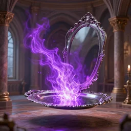 castle interior with a floating mirror in the shape of an antique silver tray shooting purple fireball, digital art
