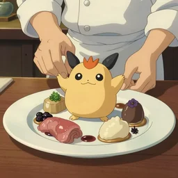 a shot of a beautiful delicious plate of food, a hand crafted chef artisan meal made of jigglypuff, amazing food illustration, chef table, in style of studio ghibli, miyazaki, anime