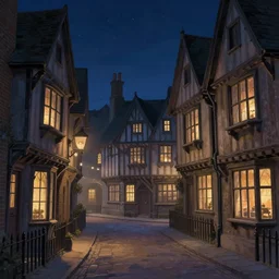 A quaint, magical, medieval, London street at night, Tudor houses, digital painting by Alena Aenami, trending on artstation