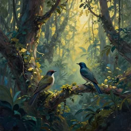 birds in the cloud forest, cyberpunk. gouache and gold leaf work by the award - winning mangaka, bloom, chiaroscuro, backlighting, depth of field.