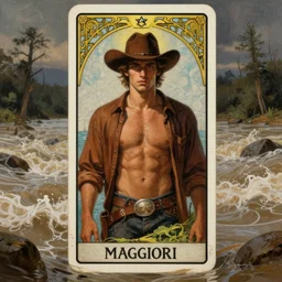 a dramatic, epic, ethereal tarot painting of a handsome!! brown shirtless (cowboy) | background is a torrential flooding river | tarot card, art deco, art nouveau | by Mark Maggiori | trending on artstation