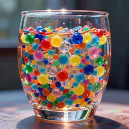 a glass character filled with colorful plastic bits and gel, pointillism