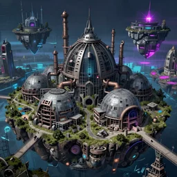 a beautiful ultradetailed illustration of domed city industrial architecture city building unfinished building nature urbex architecture abandoned by rafael aranda, vaporwave azeroth at night architecture island neon noir nightvision, archdaily, wallpaper, highly detailed, trending on artstation.